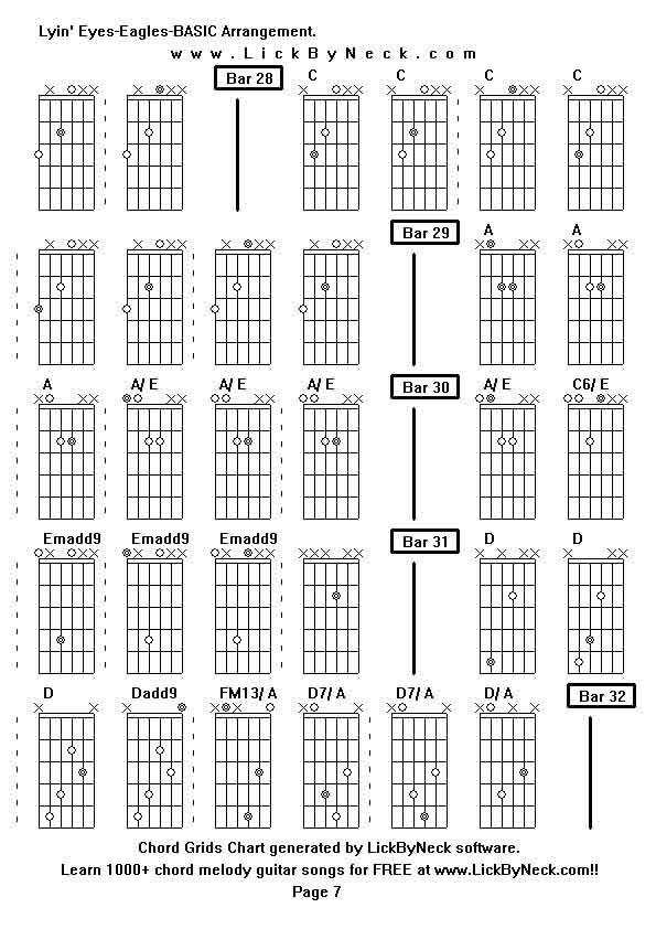 Chord Grids Chart of chord melody fingerstyle guitar song-Lyin' Eyes-Eagles-BASIC Arrangement,generated by LickByNeck software.